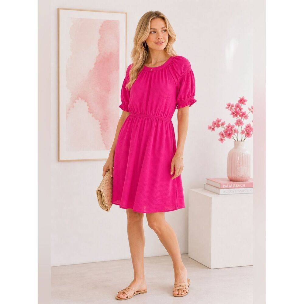 Skies Are Blue Casual Short Sleeve Smocked Sleeve Midi Dress Hot Pink M